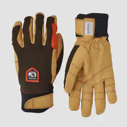 Hestra Ergo Active gloves with light tan leather palms and brown polyester back